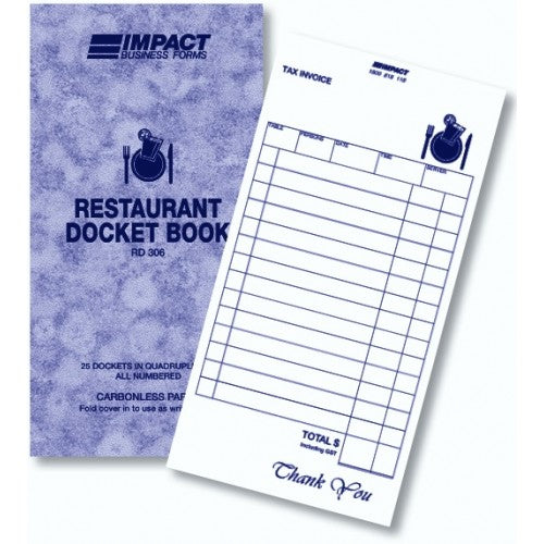 Carbonless Restaurant Docket Book in Quadruplicate Large, 83mm x 165mm RD306